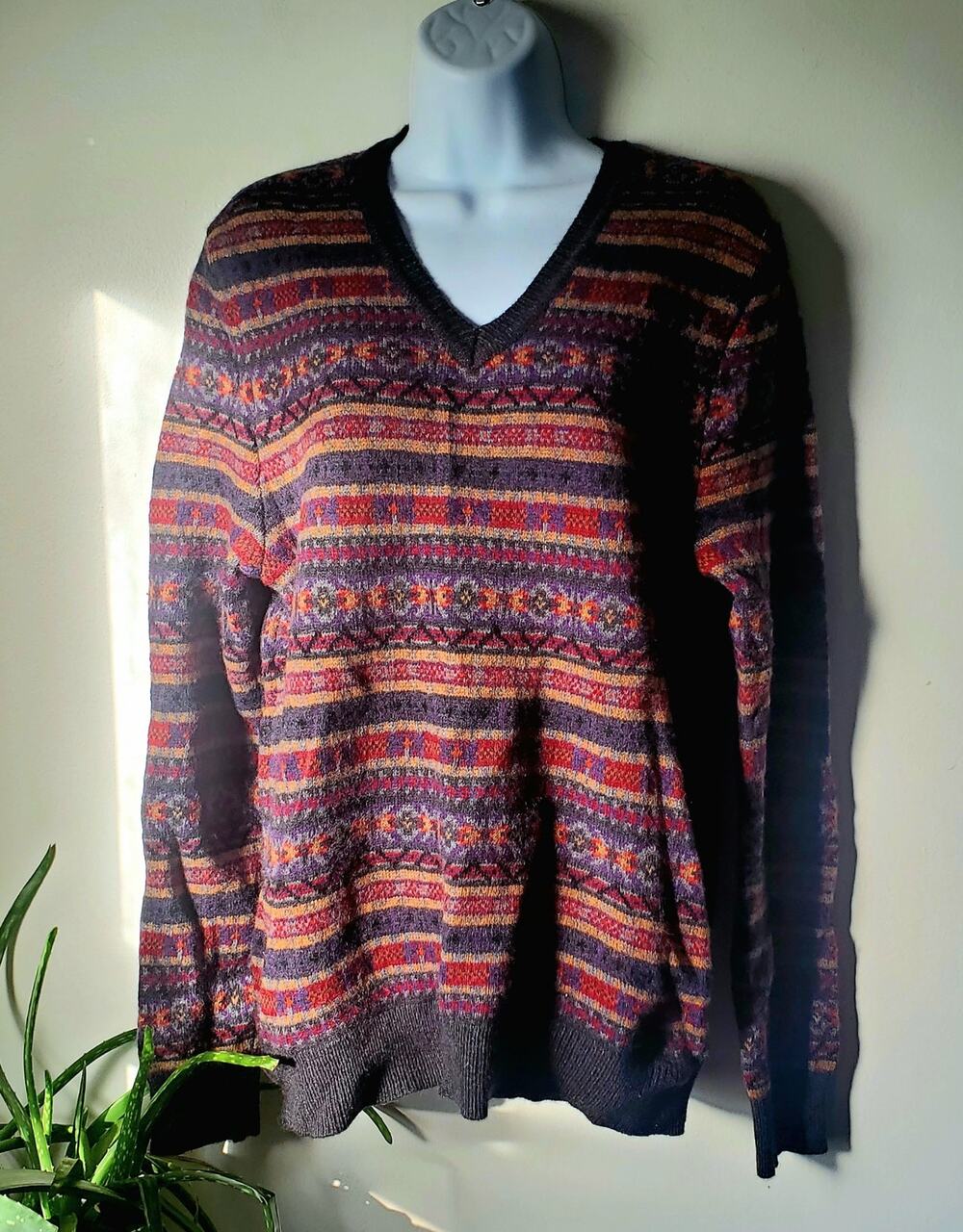 Brooks Brothers Red Blue Fair Isle Italian Merino Wool Veck Sweater Mens Size M